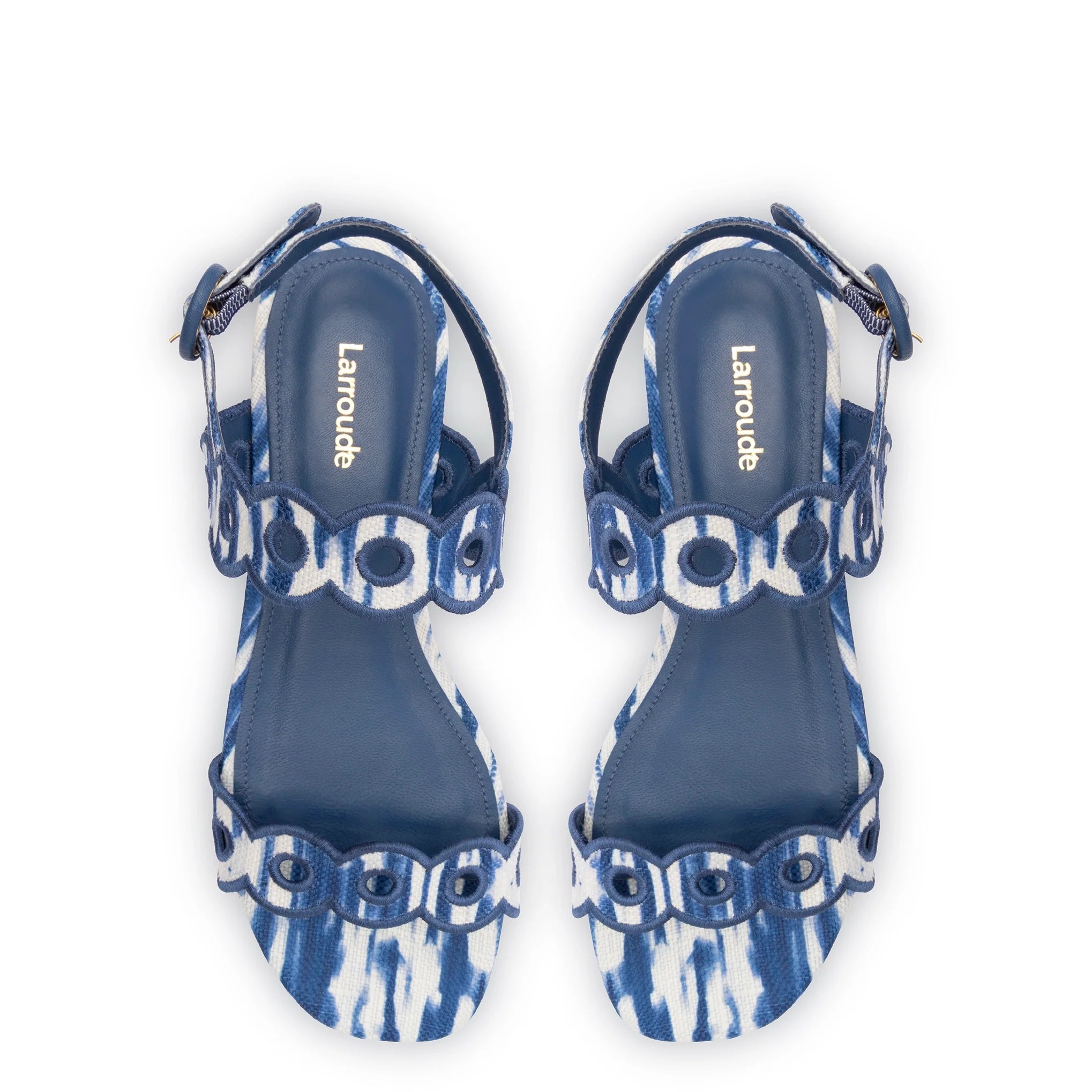 Larroude Florence Broderie Flat Sandal In Tie Dye Blue Raffia