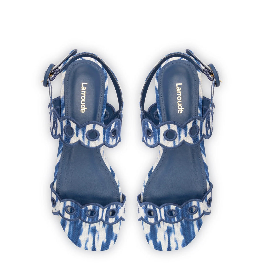 Larroude Florence Broderie Flat Sandal In Tie Dye Blue Raffia