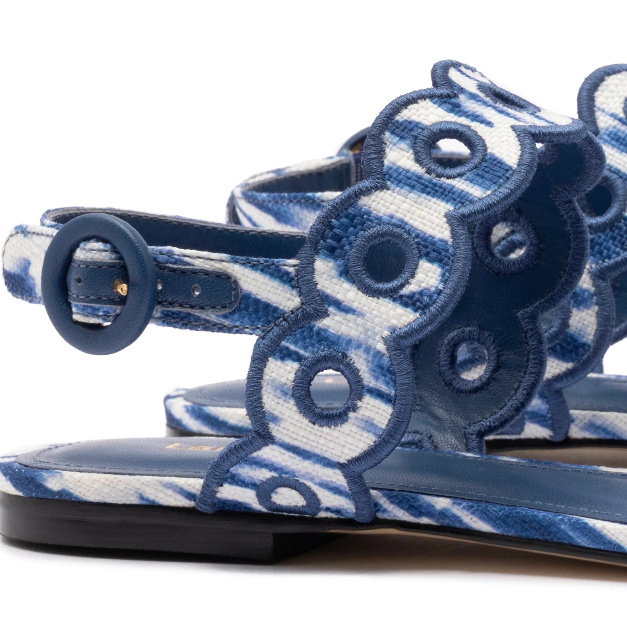 Larroude Florence Broderie Flat Sandal In Tie Dye Blue Raffia