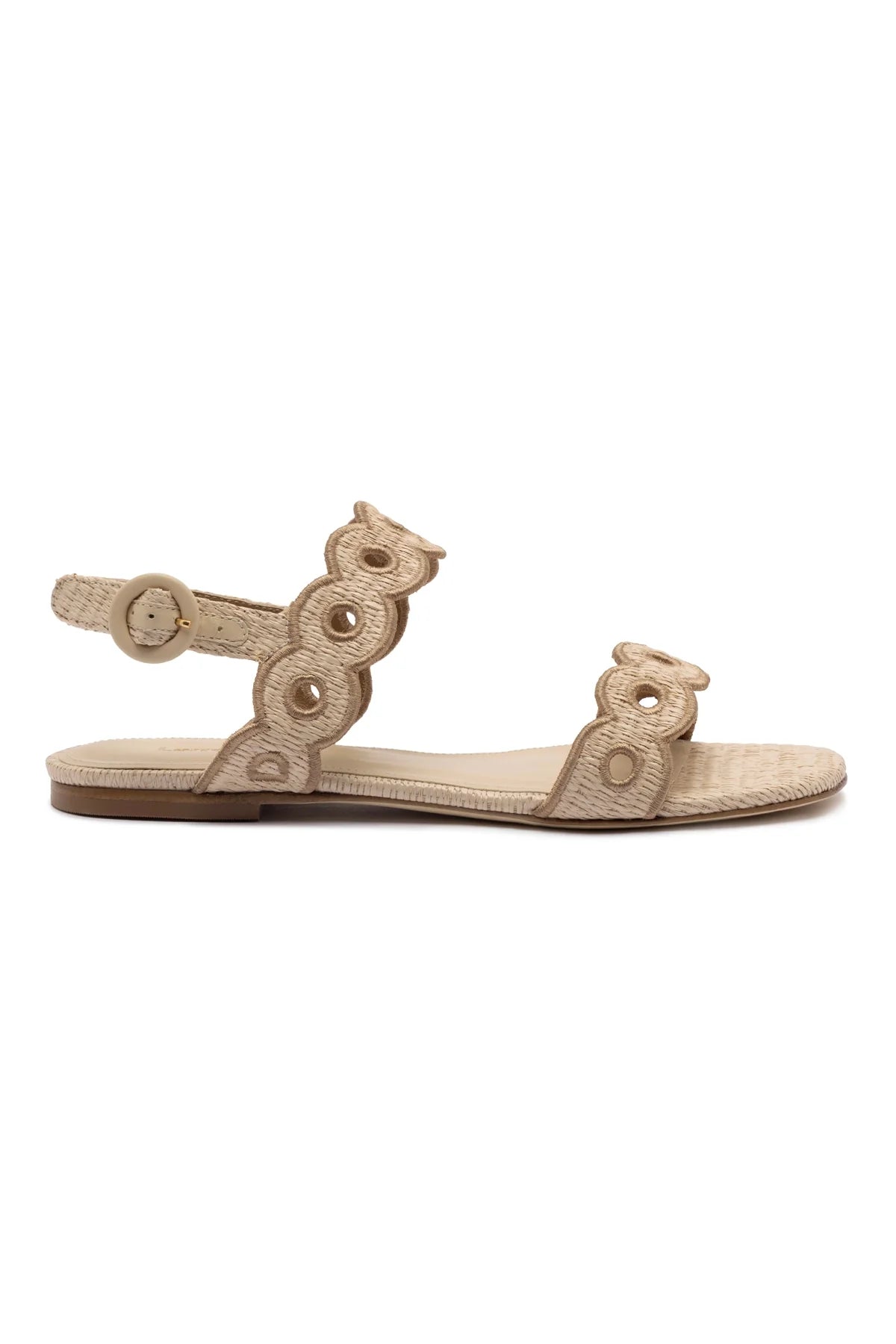 Larroude Florence Broderie Flat Sandal In Natural Raffia And Hazelnut Trimming