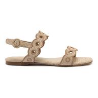 Larroude Florence Broderie Flat Sandal In Natural Raffia And Hazelnut Trimming