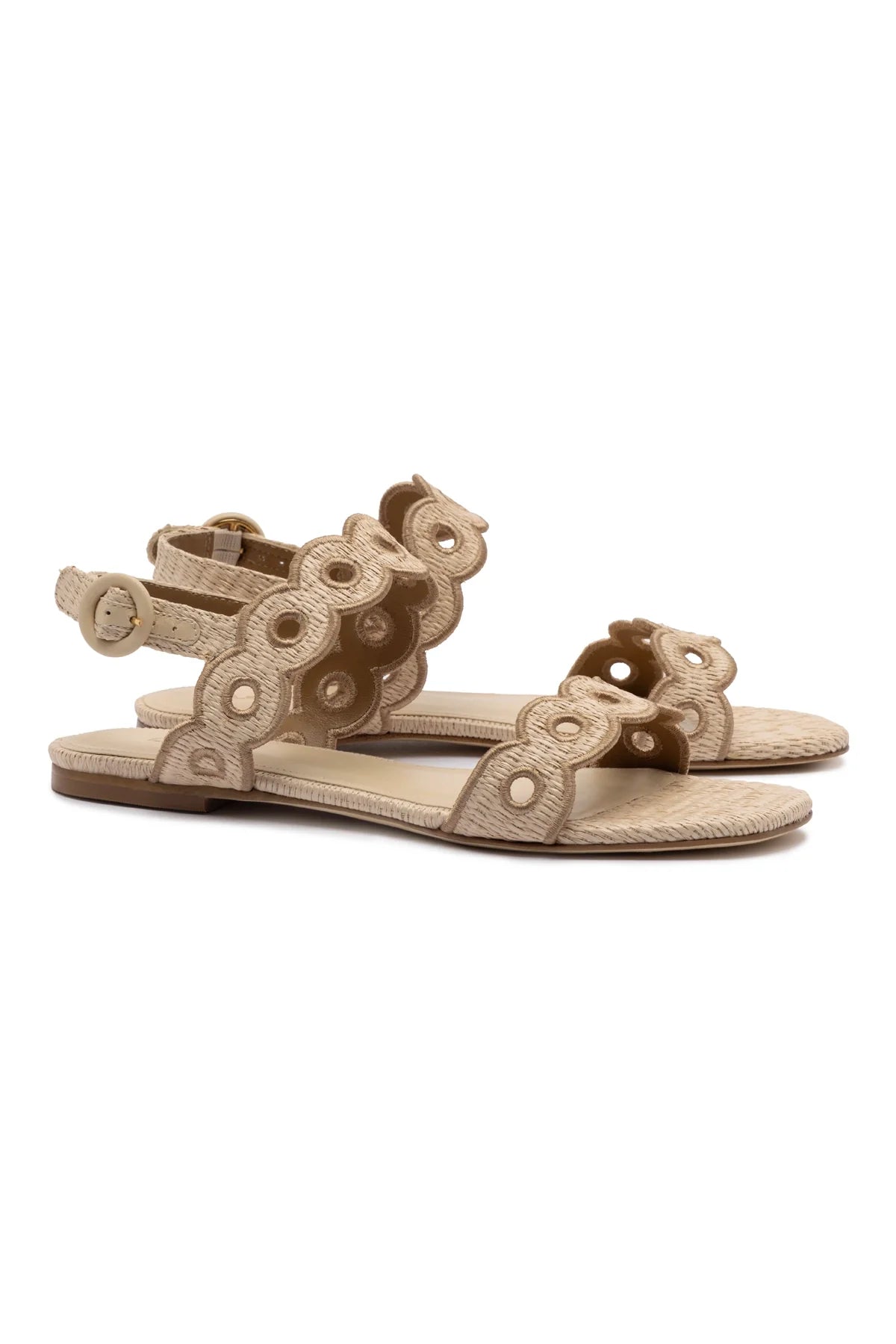 Larroude Florence Broderie Flat Sandal In Natural Raffia And Hazelnut Trimming