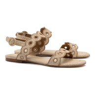 Larroude Florence Broderie Flat Sandal In Natural Raffia And Hazelnut Trimming