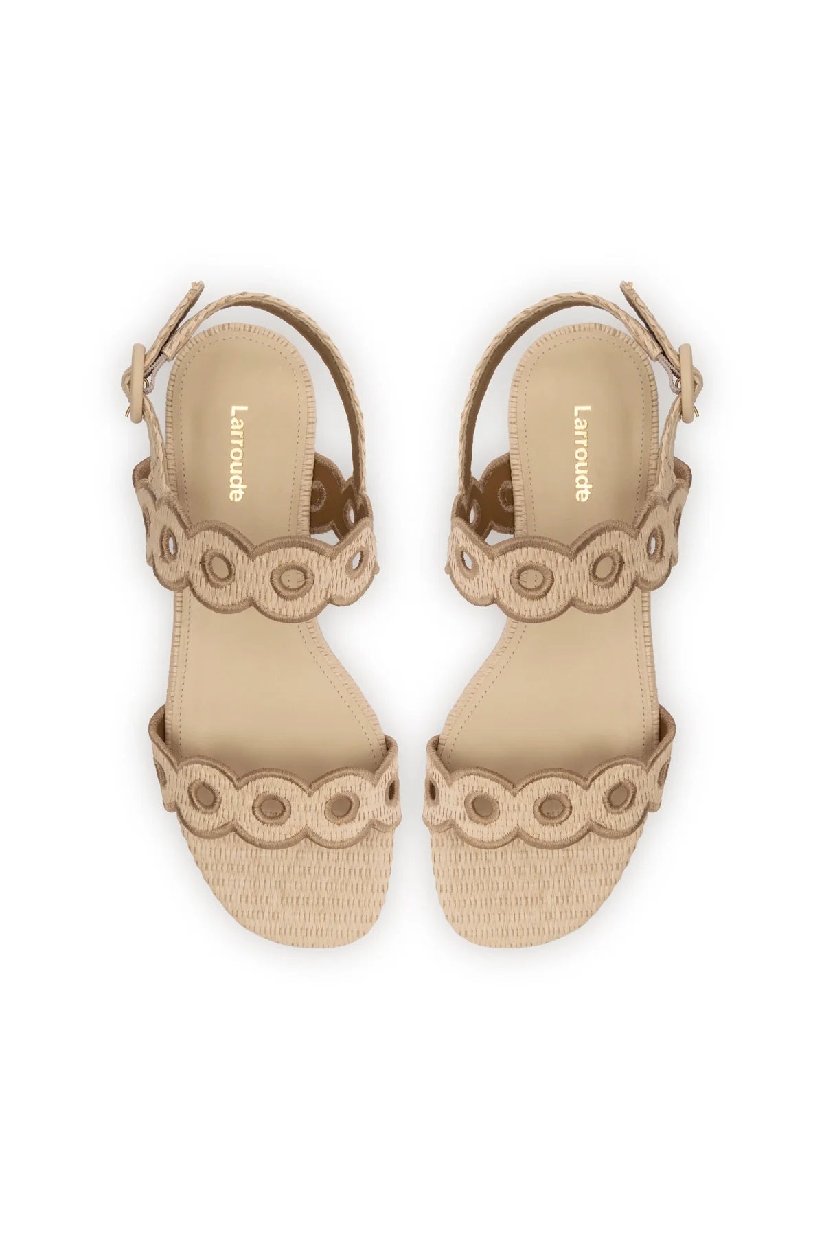 Larroude Florence Broderie Flat Sandal In Natural Raffia And Hazelnut Trimming