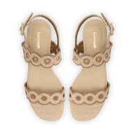 Larroude Florence Broderie Flat Sandal In Natural Raffia And Hazelnut Trimming