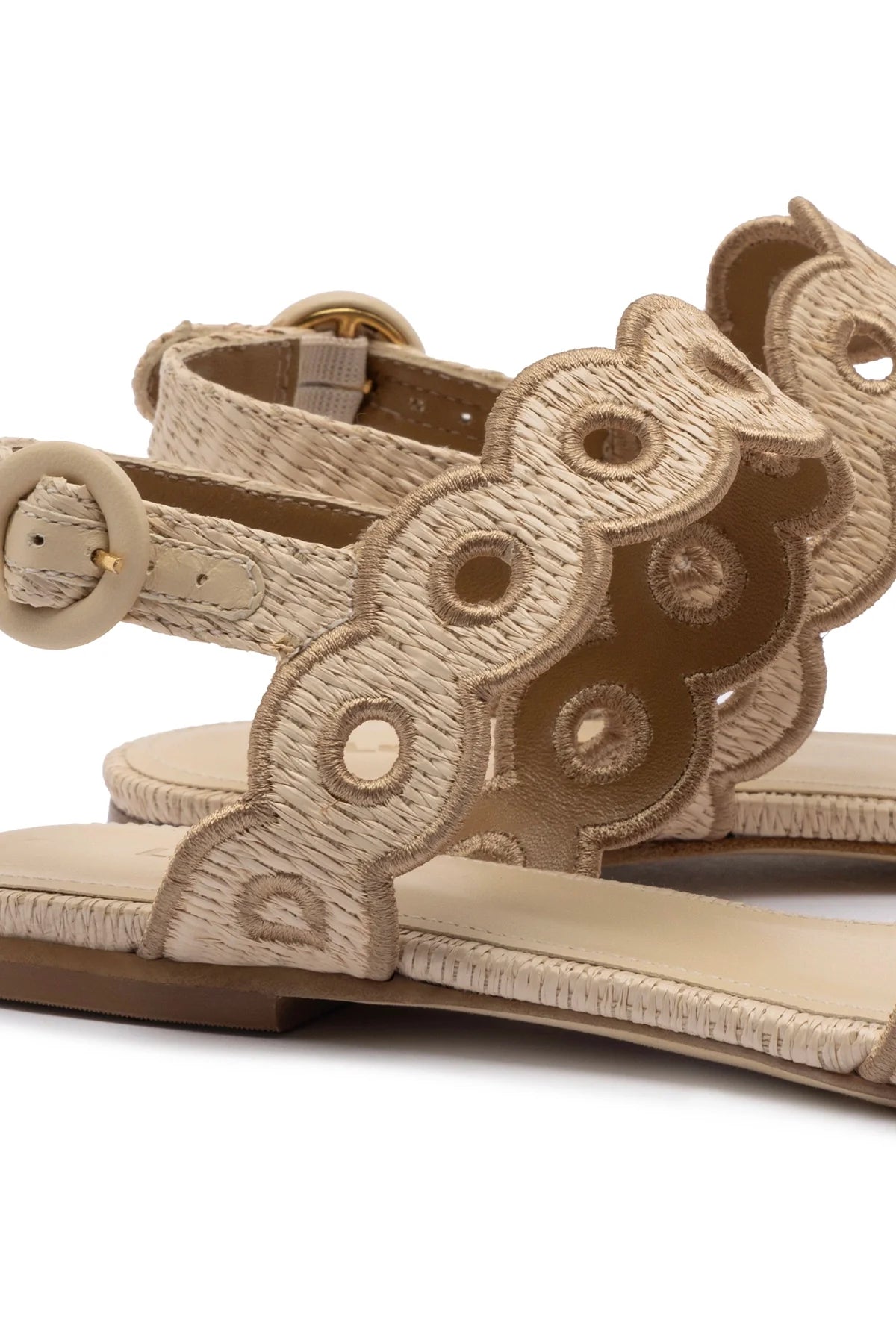 Larroude Florence Broderie Flat Sandal In Natural Raffia And Hazelnut Trimming