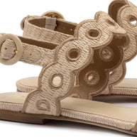 Larroude Florence Broderie Flat Sandal In Natural Raffia And Hazelnut Trimming