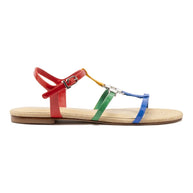 Larroude Hana Flat Sandal In Multicolor Patent Leather and Raffia