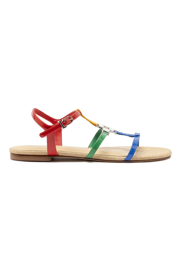 Larroude Hana Flat Sandal In Multicolor Patent Leather and Raffia