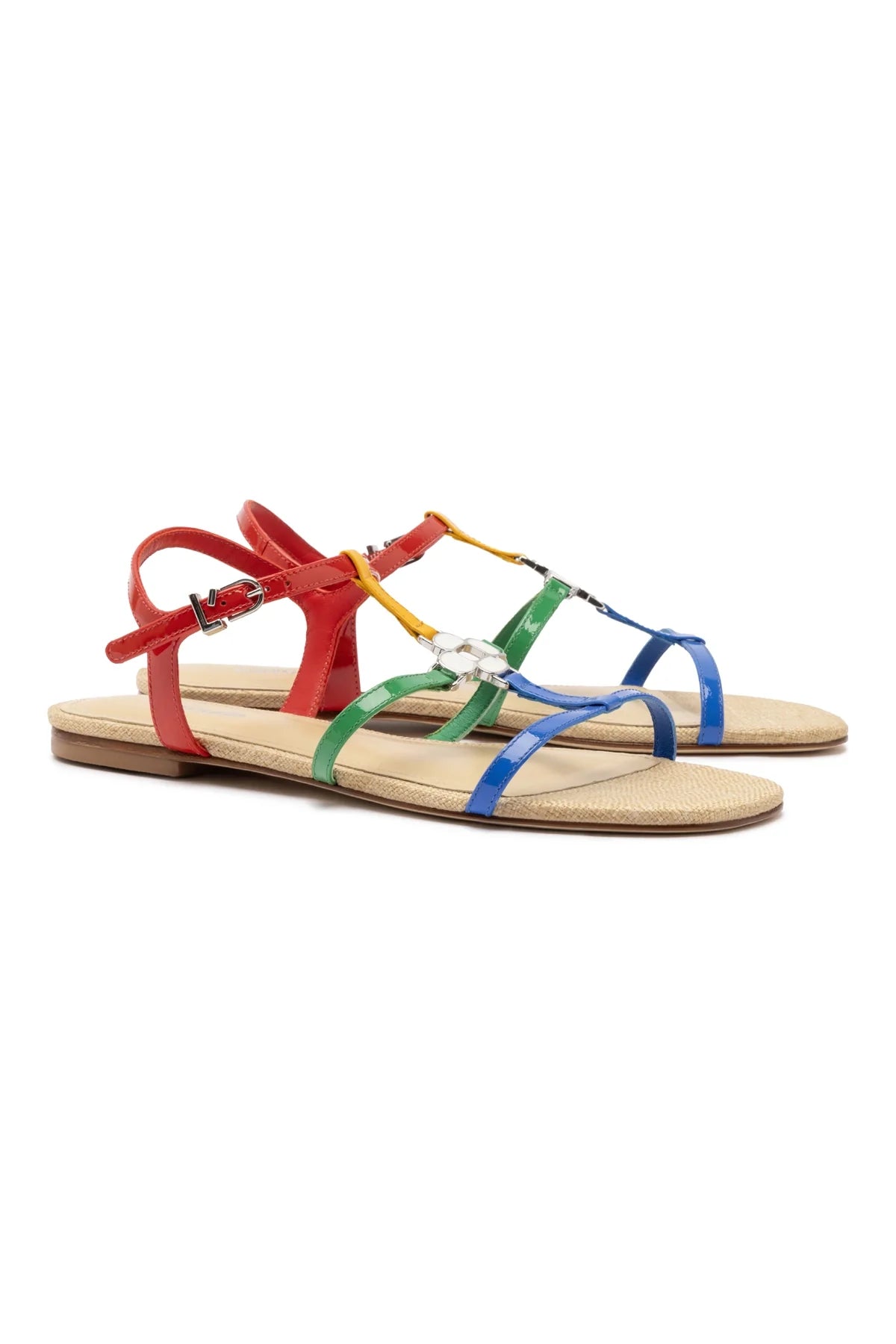 Larroude Hana Flat Sandal In Multicolor Patent Leather and Raffia