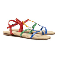 Larroude Hana Flat Sandal In Multicolor Patent Leather and Raffia