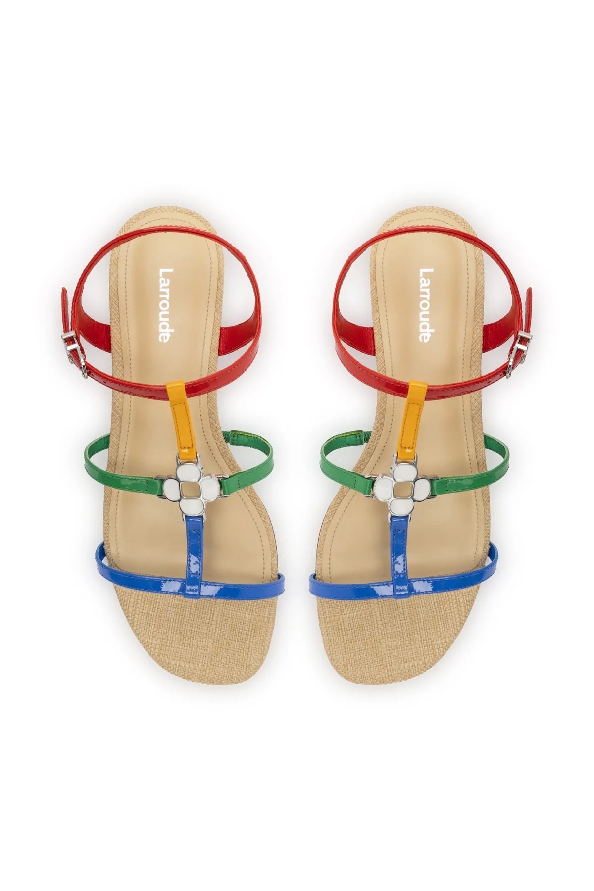 Larroude Hana Flat Sandal In Multicolor Patent Leather and Raffia
