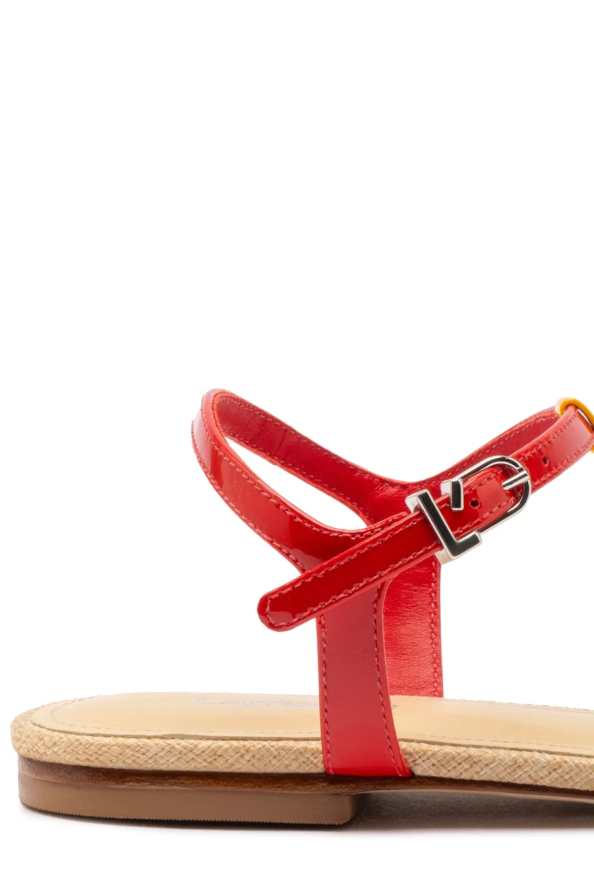 Larroude Hana Flat Sandal In Multicolor Patent Leather and Raffia