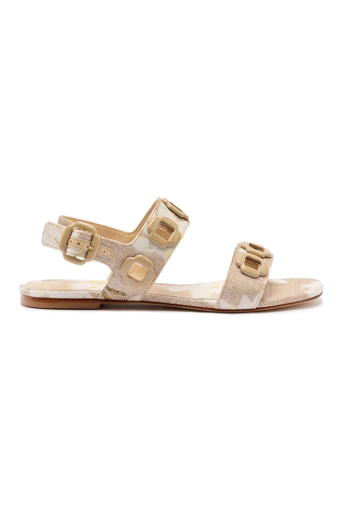 Larroude Milan Flat Sandal In Beige Printed Raffia