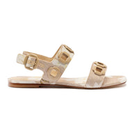 Larroude Milan Flat Sandal In Beige Printed Raffia