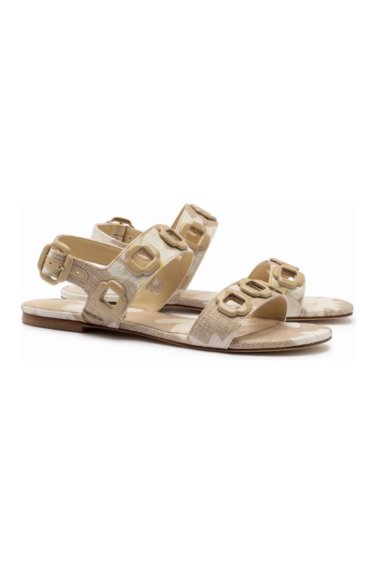Larroude Milan Flat Sandal In Beige Printed Raffia