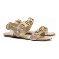 Larroude Milan Flat Sandal In Beige Printed Raffia