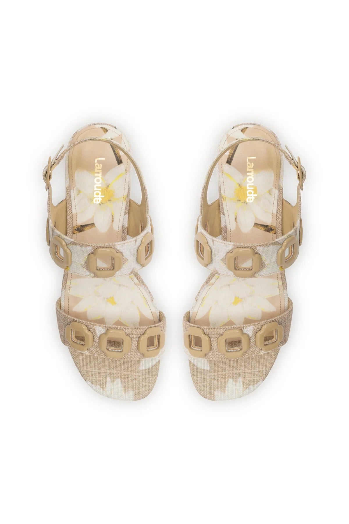 Larroude Milan Flat Sandal In Beige Printed Raffia