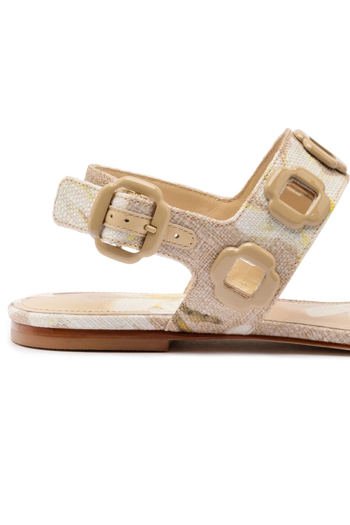 Larroude Milan Flat Sandal In Beige Printed Raffia