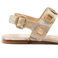 Larroude Milan Flat Sandal In Beige Printed Raffia