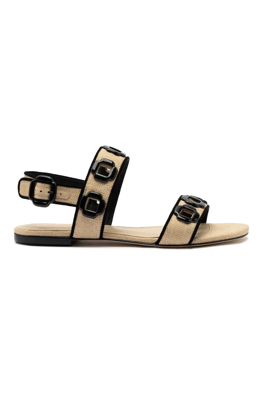 Larroude Milan Flat Sandal In Beige Raffia and Black Trimming