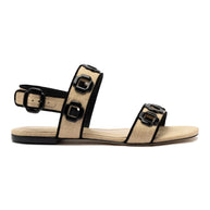 Larroude Milan Flat Sandal In Beige Raffia and Black Trimming