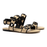 Larroude Milan Flat Sandal In Beige Raffia and Black Trimming
