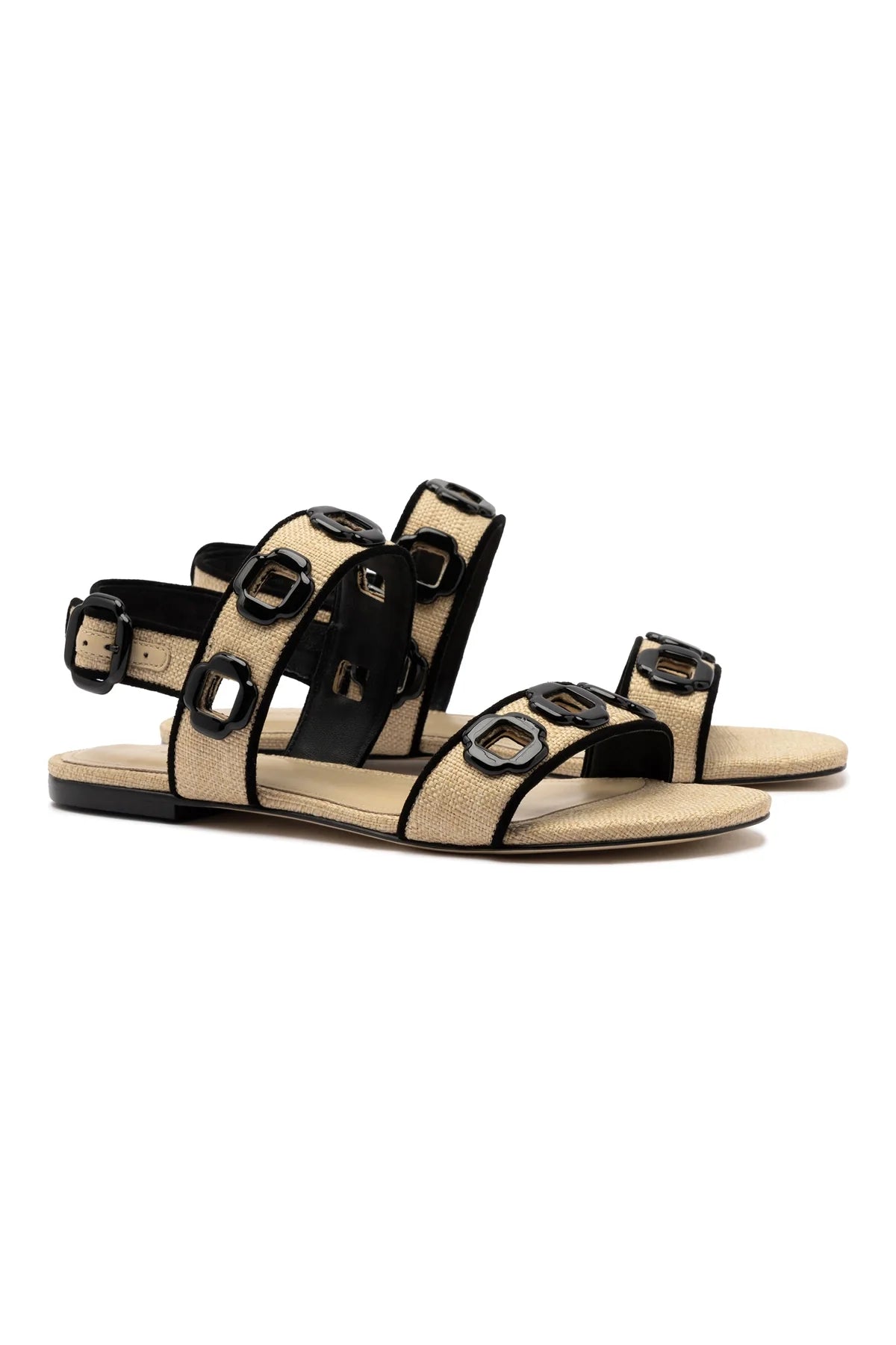 Larroude Milan Flat Sandal In Beige Raffia and Black Trimming