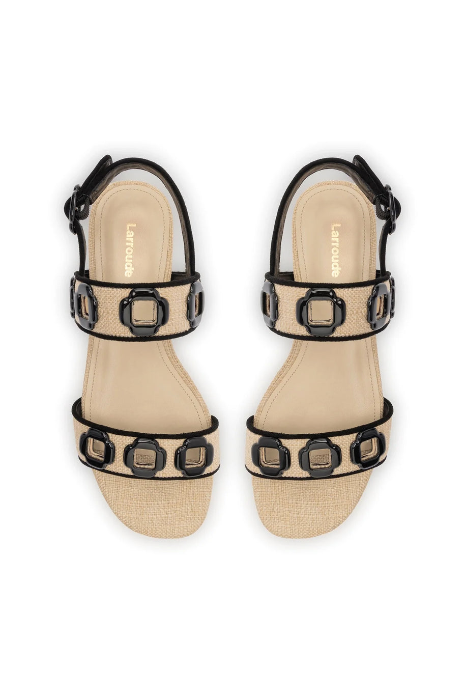 Larroude Milan Flat Sandal In Beige Raffia and Black Trimming