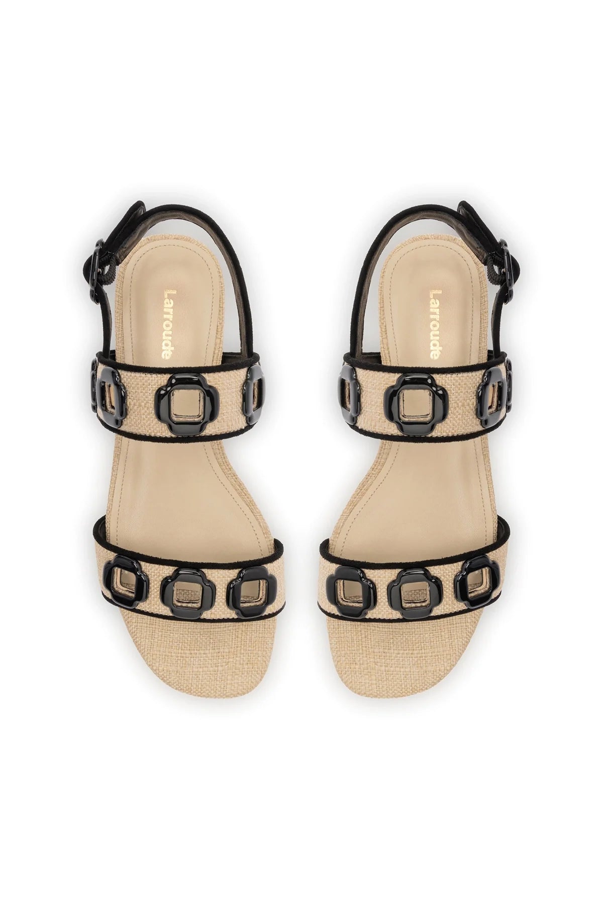 Larroude Milan Flat Sandal In Beige Raffia and Black Trimming