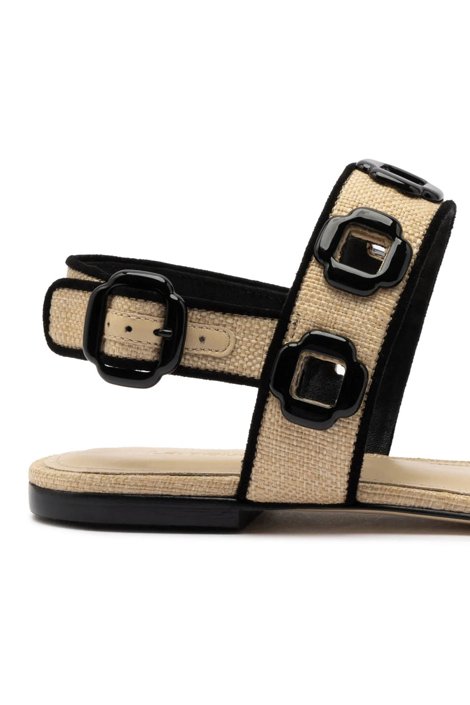 Larroude Milan Flat Sandal In Beige Raffia and Black Trimming
