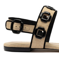 Larroude Milan Flat Sandal In Beige Raffia and Black Trimming