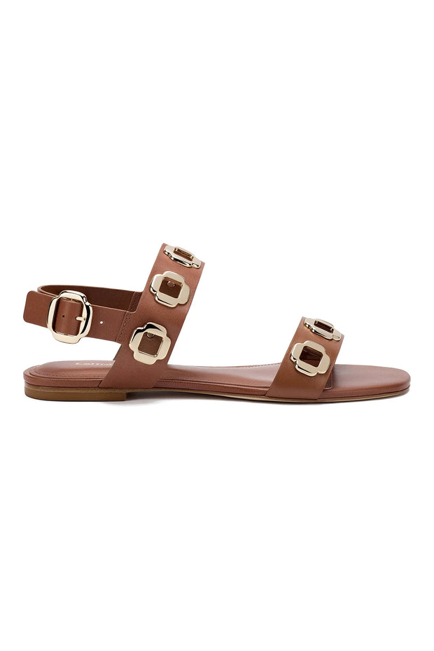 Larroude Milan Flat Sandal In Caramel Leather