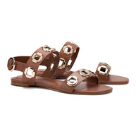 Larroude Milan Flat Sandal In Caramel Leather