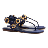 Larroude Milan Studs Thong Sandal In Navy Suede
