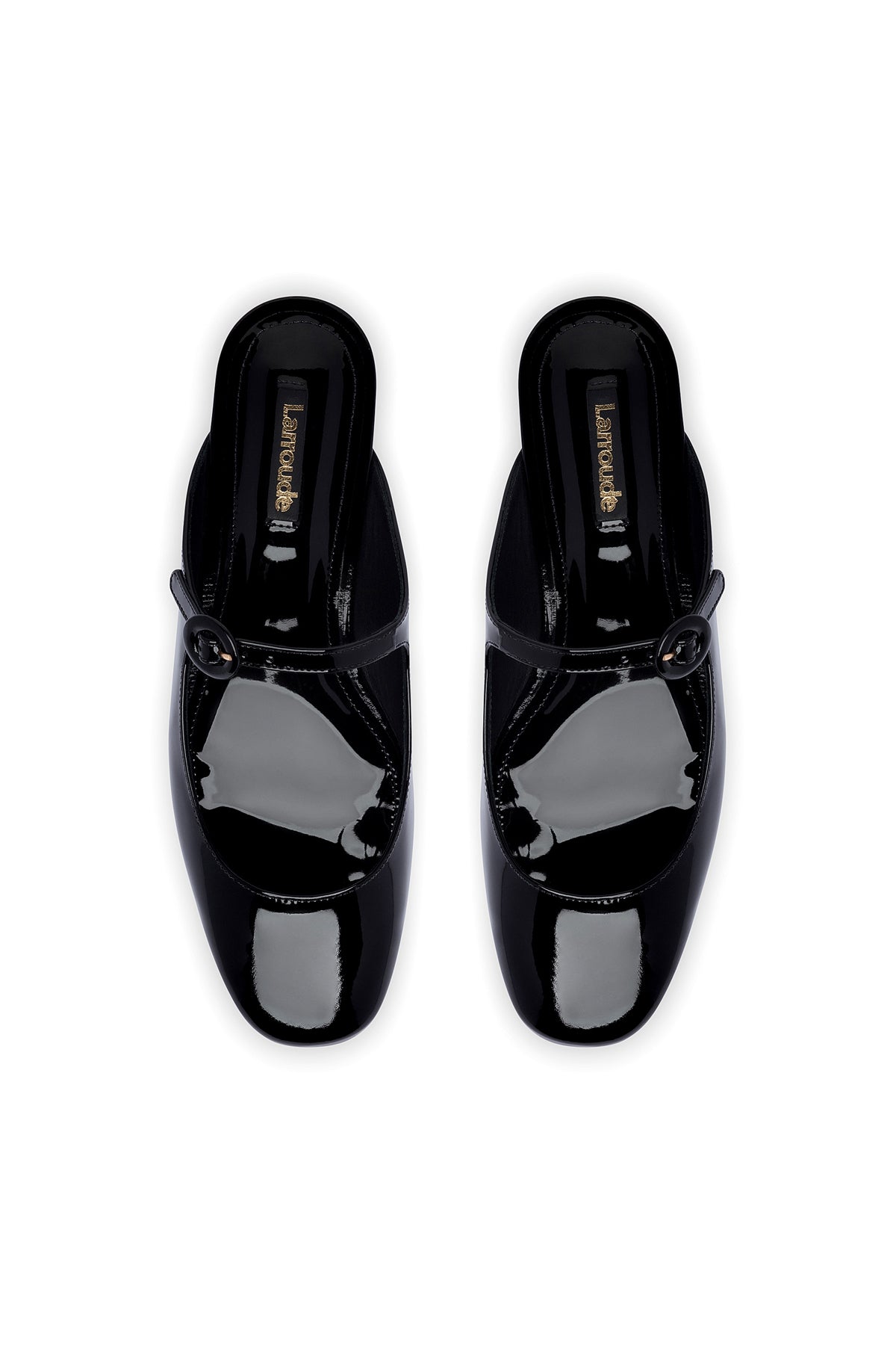 Larroude Blair Flat Mule In Black Patent Leather