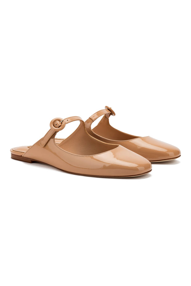Larroude Blair Flat Mule In Tan Patent Leather