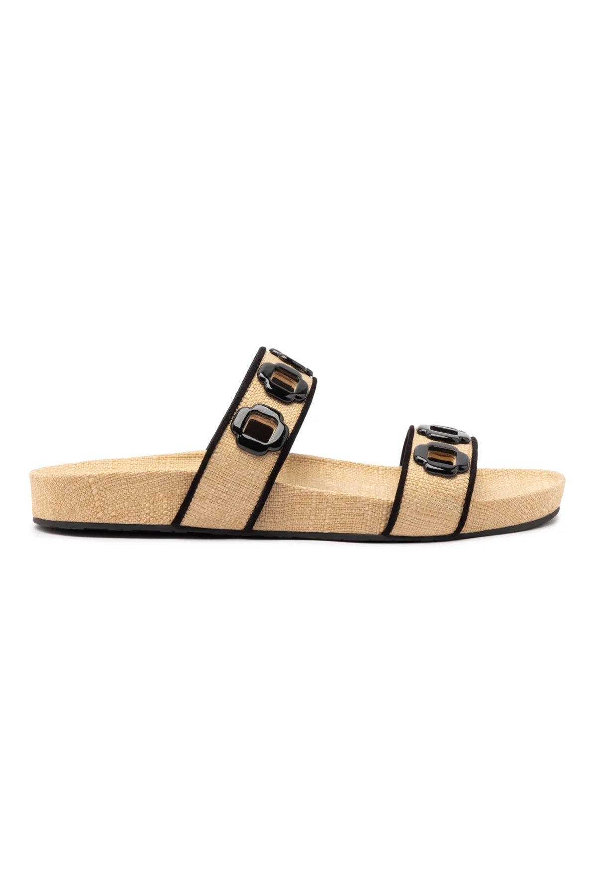 Larroude Milan Slide In Beige Raffia and Black Trimming