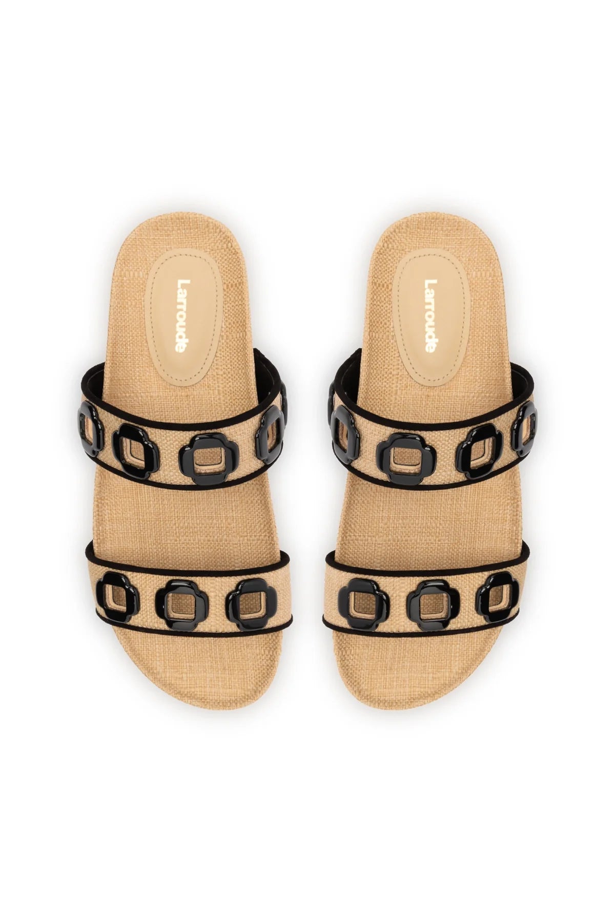 Larroude Milan Slide In Beige Raffia and Black Trimming