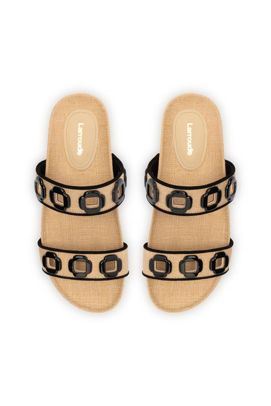 Larroude Milan Slide In Beige Raffia and Black Trimming