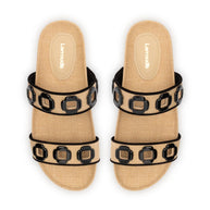 Larroude Milan Slide In Beige Raffia and Black Trimming