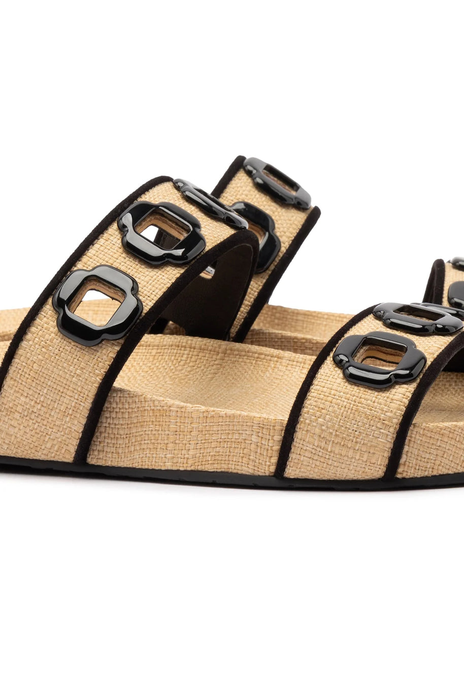 Larroude Milan Slide In Beige Raffia and Black Trimming