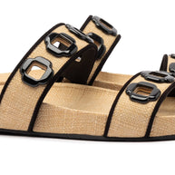 Larroude Milan Slide In Beige Raffia and Black Trimming