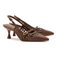 Larroude Ines Macrame Pump In Burnt Umber Leather