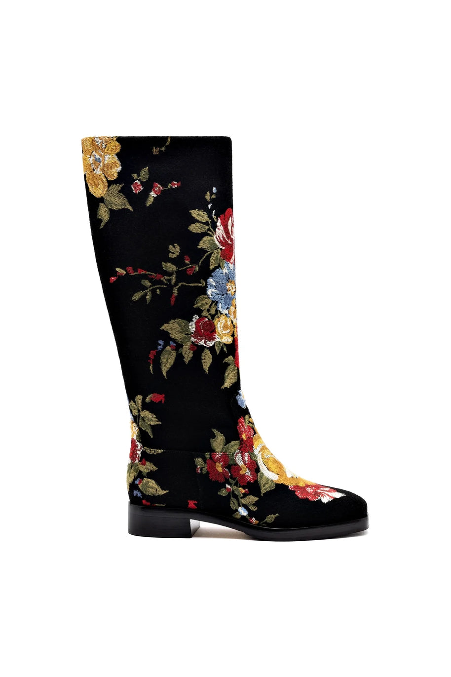 Larroudé X Markarian Flat Boot In Black Wool And Floral Embroidery