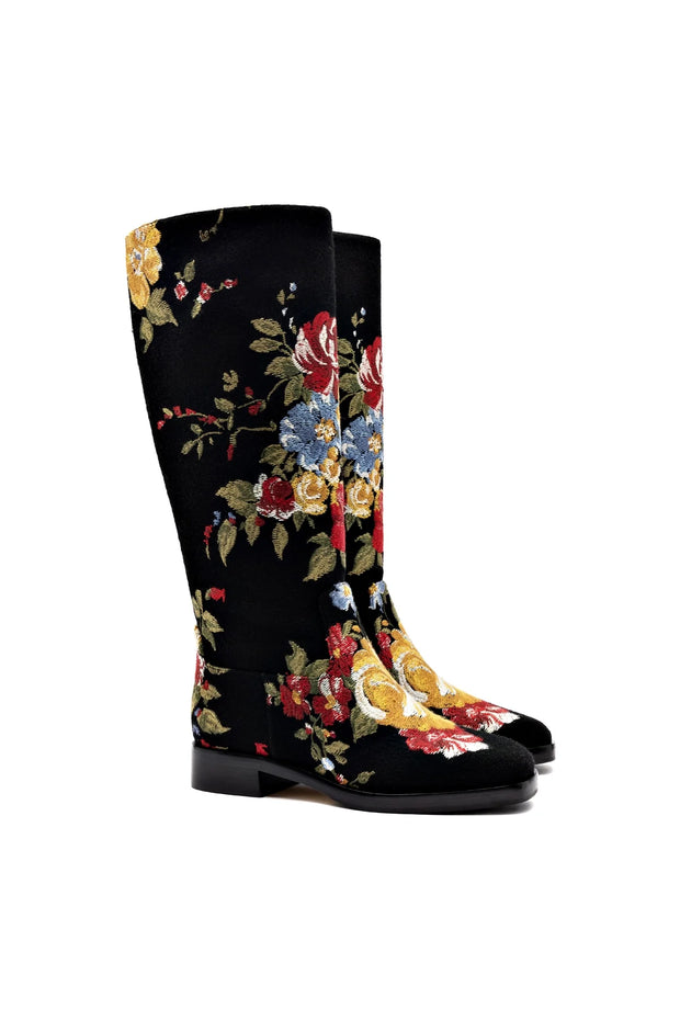 Larroudé X Markarian Flat Boot In Black Wool And Floral Embroidery