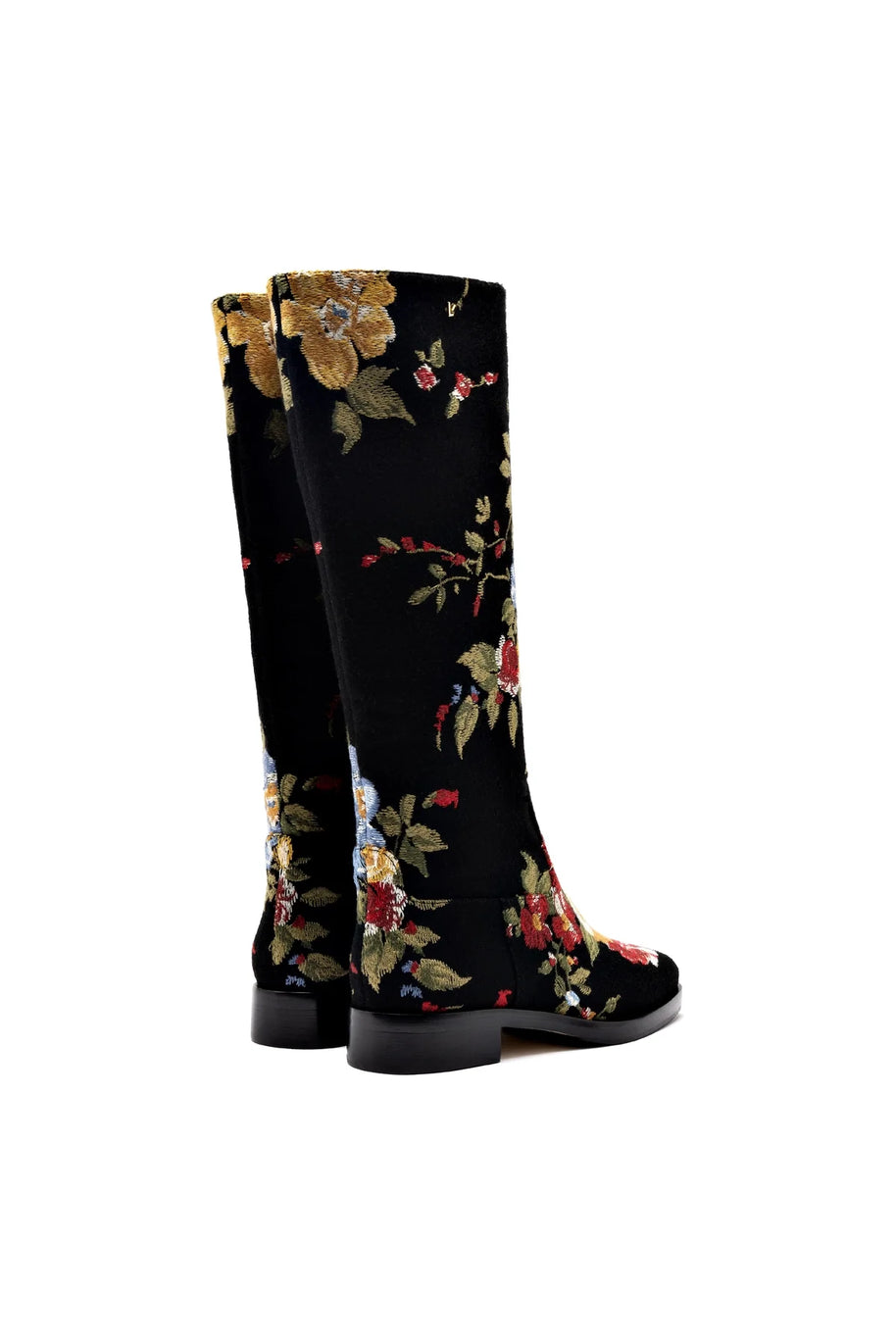 Larroudé X Markarian Flat Boot In Black Wool And Floral Embroidery
