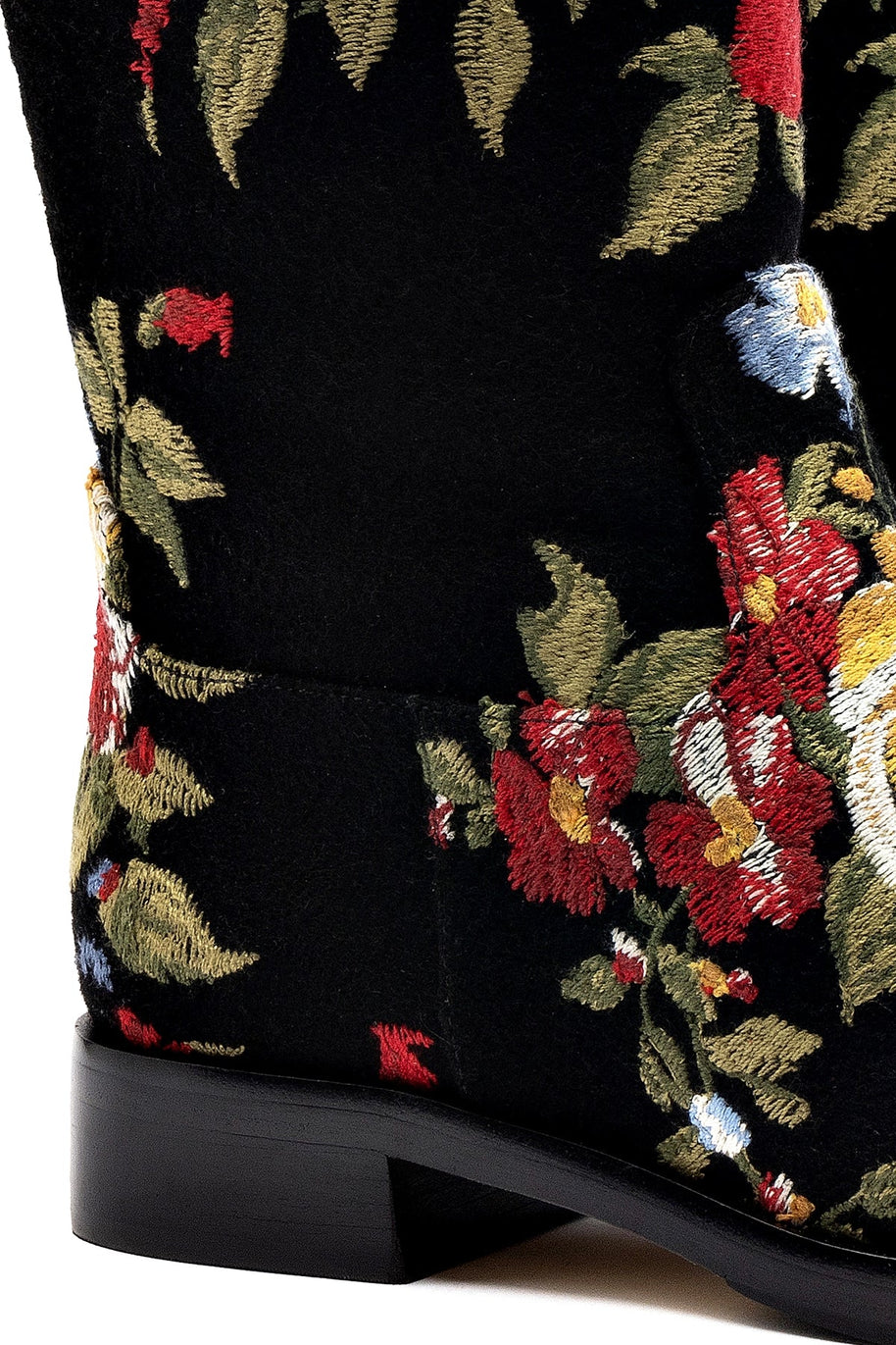 Larroudé X Markarian Flat Boot In Black Wool And Floral Embroidery