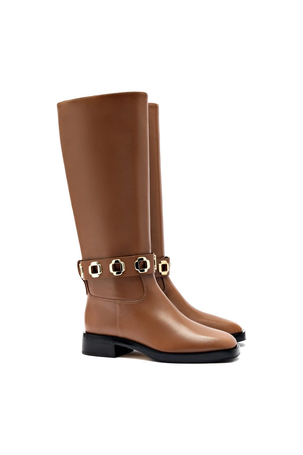 Larroude Milan Flat Boot In Caramel Leather