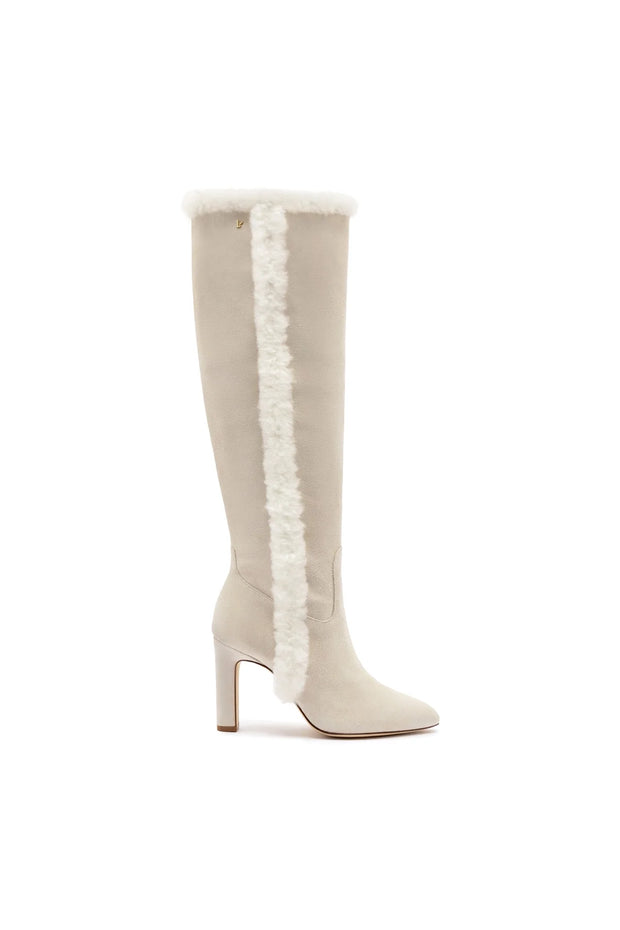 Larroude Cindy Hi Faux Fur Boot In Grey Mushroom Suede and Natural Shearling